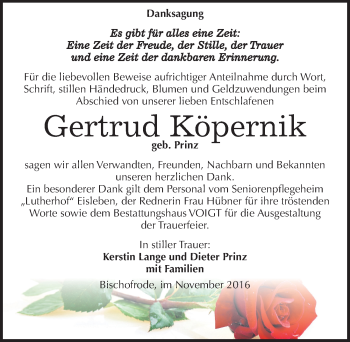 Traueranzeige von Gertrud Köpernik von Mitteldeutsche Zeitung Mansfelder Land