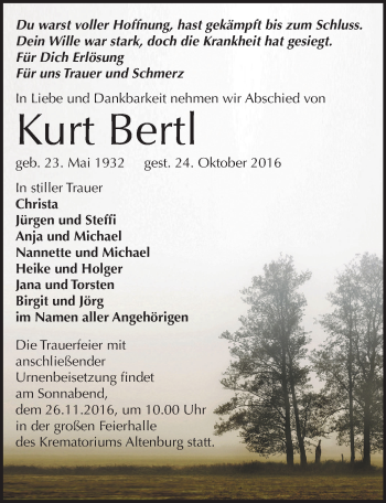 Traueranzeige von Kurt Bertl von Mitteldeutsche Zeitung Zeitz