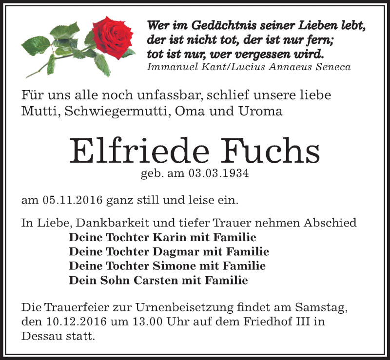  Traueranzeige für Elfriede Fuchs vom 17.11.2016 aus Mitteldeutsche Zeitung Dessau-Roßlau