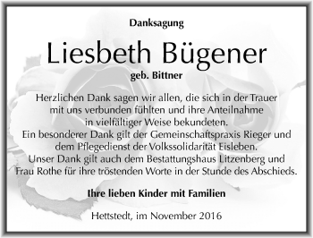 Traueranzeige von Liesbeth Bügener von Mitteldeutsche Zeitung Mansfelder Land