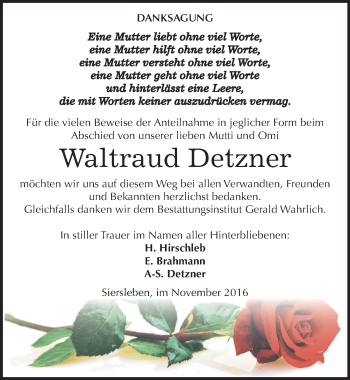Traueranzeige von Waltraud Detzner von Mitteldeutsche Zeitung Mansfelder Land