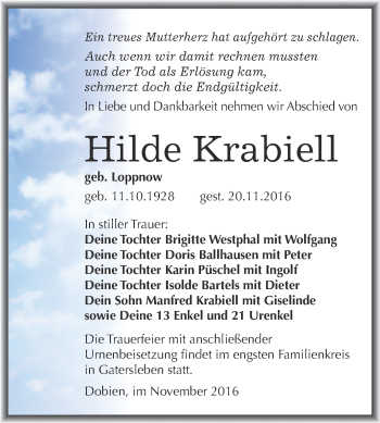 Traueranzeige von Hilde Krabiell von WVG - Wochenspiegel Wittenberg