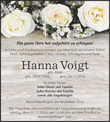 Traueranzeige von Hanna Voigt von Super Sonntag Bernburg
