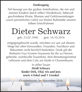 Traueranzeige von Dieter Schwarz von WVG - Wochenspiegel Wittenberg