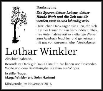 Traueranzeige von Lothar Winkler von WVG - Wochenspiegel Quedlinburg