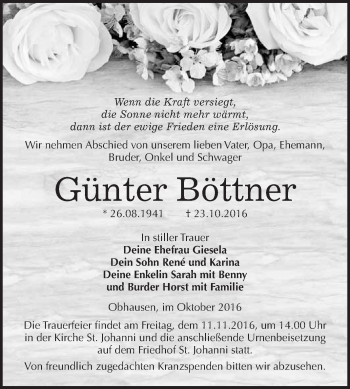 Traueranzeige von Günter Böttner von WVG - Wochenspiegel Merseburg