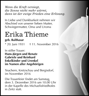 Traueranzeige von Erika Thieme von Mitteldeutsche Zeitung Zeitz