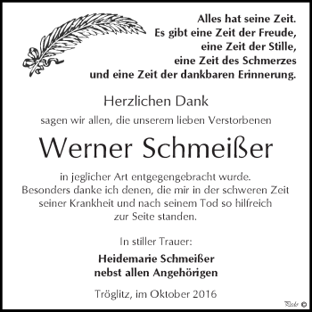 Traueranzeige von Werner Schmeißer von Super Sonntag Zeitz