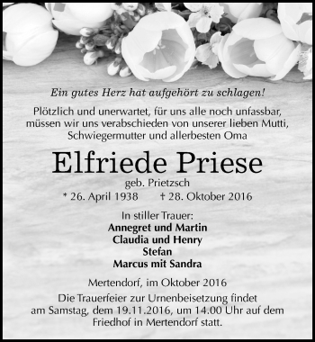 Traueranzeige von Elfriede Priese von Mitteldeutsche Zeitung Naumburg/Nebra