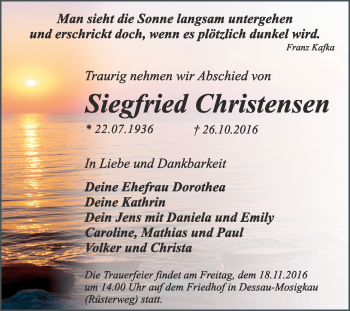 Traueranzeige von Siegfried Christensen von WVG - Wochenspiegel Dessau / Köthen