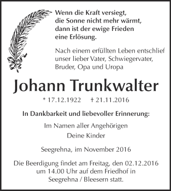 Traueranzeige von Johann Trunkwalter von WVG - Wochenspiegel Wittenberg