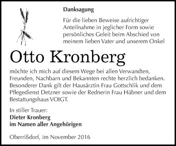 Traueranzeige von Otto Kronberg von Super Sonntag SGH Mansf. Land