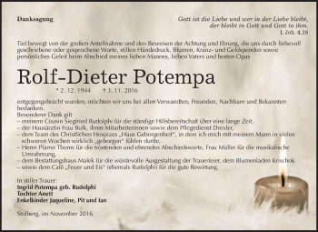 Traueranzeige von Rolf-Dieter Potempa von WVG - Wochenspiegel Quedlinburg