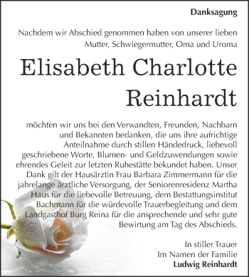 Traueranzeige von Elisabeth Charlotte Reinhardt von WVG - Wochenspiegel Dessau / Köthen
