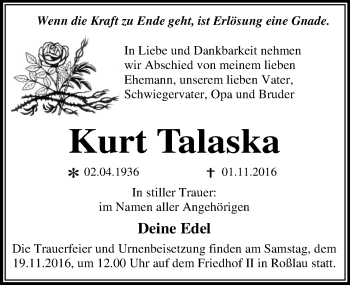 Traueranzeige von Kurt Talaska von Mitteldeutsche Zeitung Dessau-Roßlau