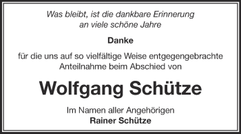 Traueranzeige von Wolfgang Schütze von WVG - Wochenspiegel Bitterfeld