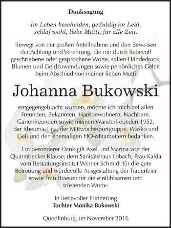 Traueranzeige von Johanna Bukowski von WVG - Wochenspiegel Quedlinburg