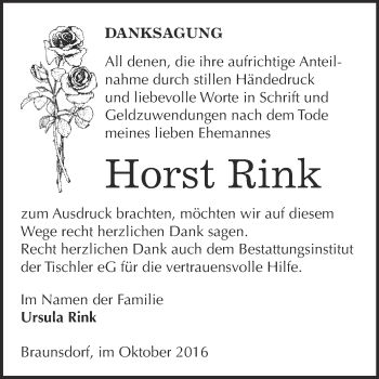 Traueranzeige von Horst Rink von Super Sonntag Wittenberg
