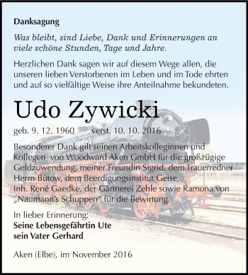 Traueranzeige von Udo Zywicki von WVG - Wochenspiegel Dessau / Köthen