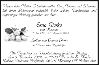 Traueranzeige von Erna Gierke von Mitteldeutsche Zeitung Wittenberg
