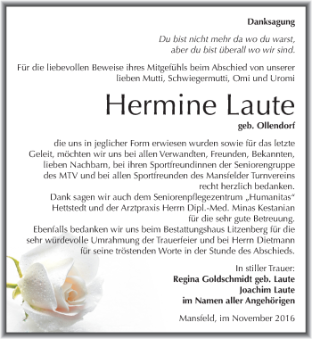 Traueranzeige von Hermine Laute von Mitteldeutsche Zeitung Mansfelder Land
