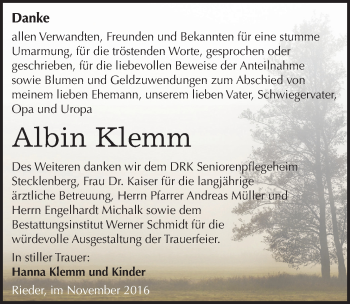 Traueranzeige von Albin Klemm von Mitteldeutsche Zeitung Quedlinburg