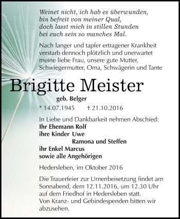 Traueranzeige von Brigitte Meister von Wochenspiegel Mansfelder Land