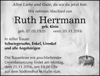 Traueranzeige von Ruth Herrmann von Mitteldeutsche Zeitung Halle/Saalkreis