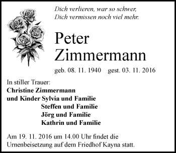 Traueranzeige von Peter Zimmermann von Mitteldeutsche Zeitung Zeitz