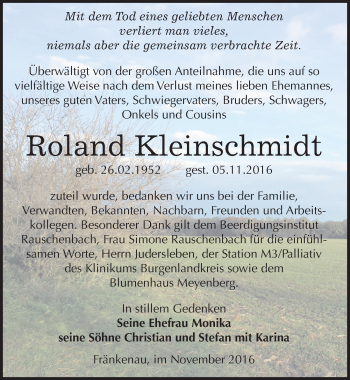 Traueranzeige von Roland Kleinschmidt von Mitteldeutsche Zeitung Naumburg/Nebra
