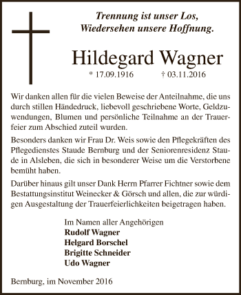 Traueranzeige von Hildegard Wagner von Super Sonntag Bernburg