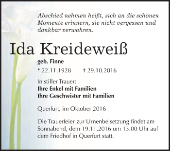 Traueranzeige von Ida Kreideweiß von WVG - Wochenspiegel Merseburg