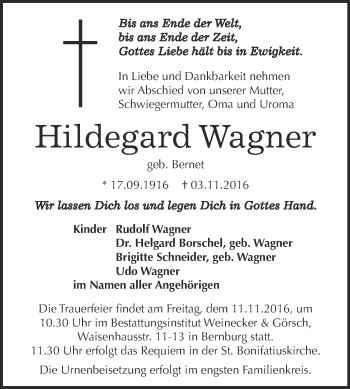 Traueranzeige von Hildegard Wagner von WVG - Wochenspiegel Bernburg