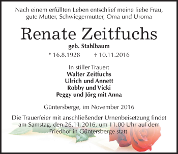 Traueranzeige von Renate Zeitfuchs von Mitteldeutsche Zeitung Quedlinburg