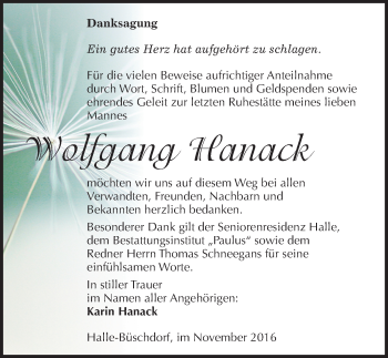 Traueranzeige von Wolfgang Hanack von Mitteldeutsche Zeitung Halle/Saalkreis