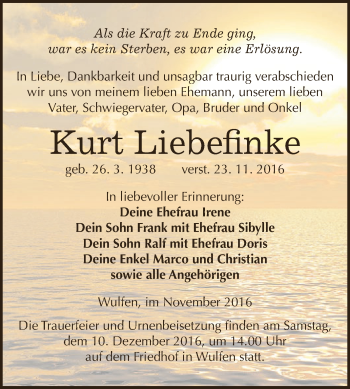 Traueranzeige von Kurt Liebefinke von WVG - Wochenspiegel Dessau / Köthen