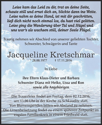 Traueranzeige von Jacqueline Kretschmar von Super Sonntag Zeitz
