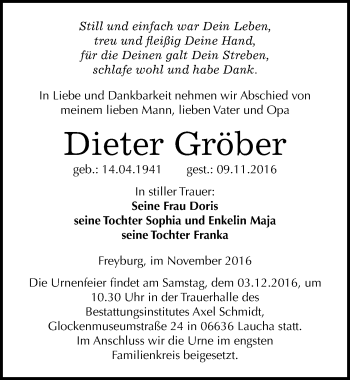 Traueranzeige von Dieter Gröber von Mitteldeutsche Zeitung Naumburg/Nebra