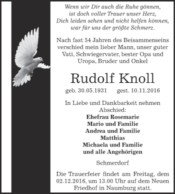 Traueranzeige von Rudolf Knoll von WVG - Wochenspiegel NMB / WSF / ZTZ