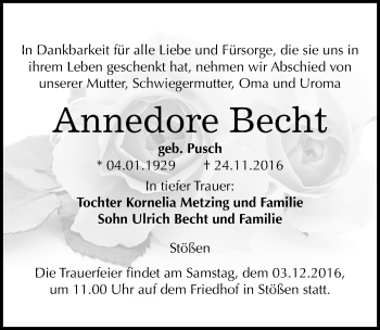 Traueranzeige von Annedore Becht von Mitteldeutsche Zeitung Naumburg/Nebra