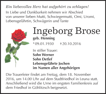 Traueranzeige von Ingeborg Brose von WVG - Wochenspiegel Merseburg