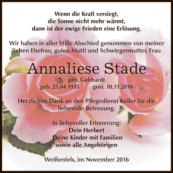 Traueranzeige von Annaliese Stade von WVG - Wochenspiegel NMB / WSF / ZTZ