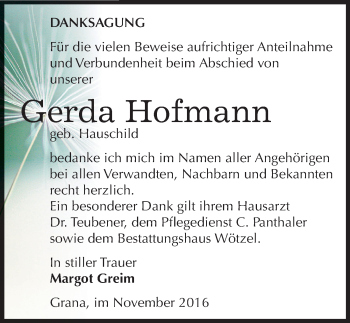 Traueranzeige von Gerda Hofmann von Mitteldeutsche Zeitung Zeitz