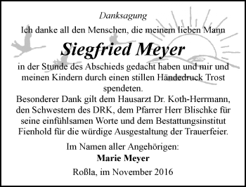Traueranzeige von Siegfried Meyer von Mitteldeutsche Zeitung Sangerhausen
