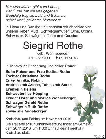 Traueranzeige von Siegrid Rothe von Mitteldeutsche Zeitung Weißenfels