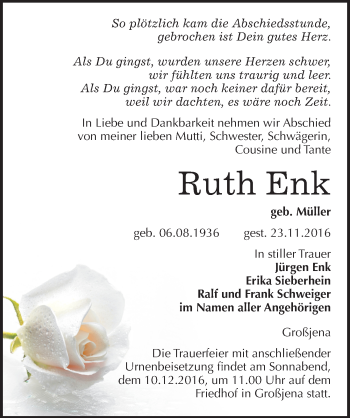 Traueranzeige von Ruth Enk von Mitteldeutsche Zeitung Naumburg/Nebra