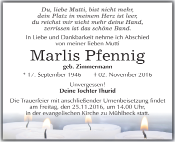 Traueranzeige von Marlis Pfennig von Mitteldeutsche Zeitung Bitterfeld