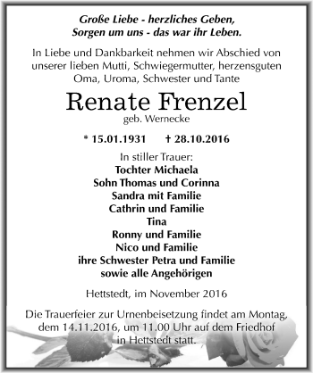 Traueranzeige von Renate Frenzel von Mitteldeutsche Zeitung Mansfelder Land