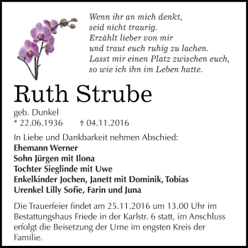 Traueranzeige von Ruth Strube von WVG - Wochenspiegel Dessau / Köthen