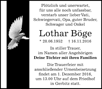 Traueranzeige von Lothar Böge von Mitteldeutsche Zeitung Bernburg